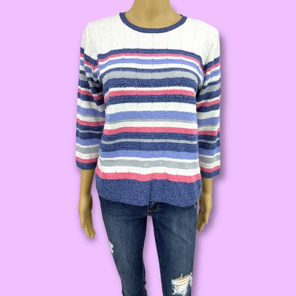 Vintage Sweaters - Alfred Dunner PETITE SMALL American VINTAGE Striped Knit Sweater white blue